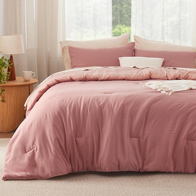 Bedsure Queen Comforter Set, Pink Clay Soft Prewashed Bedding for All Seasons, 3 Pieces GentleSoft™ Bed Set, 1 Lightweight Comforter (90"x90") and 2 Pillowcases (20"x26")