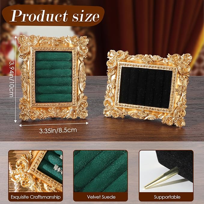 Vintage Ring Holder Rectangle Gold Velvet Display Stand - Baroque Jewelry Organizer Box Tray for Wedding Engagement Anniversary Women Birthday Christmas Gift Photograph Prop (MPF05-Gold Green) - Image 5
