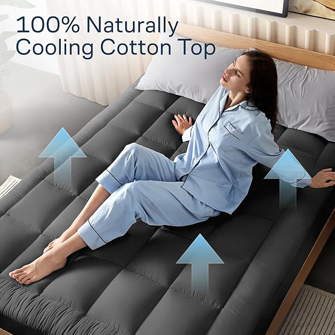 Cloud-Like Queen Mattress Topper - 100% Cotton Top Mattress Pad for Back Pain Relief - Breathable & Naturally Cooling for Hot Sleepers, Dark Gray