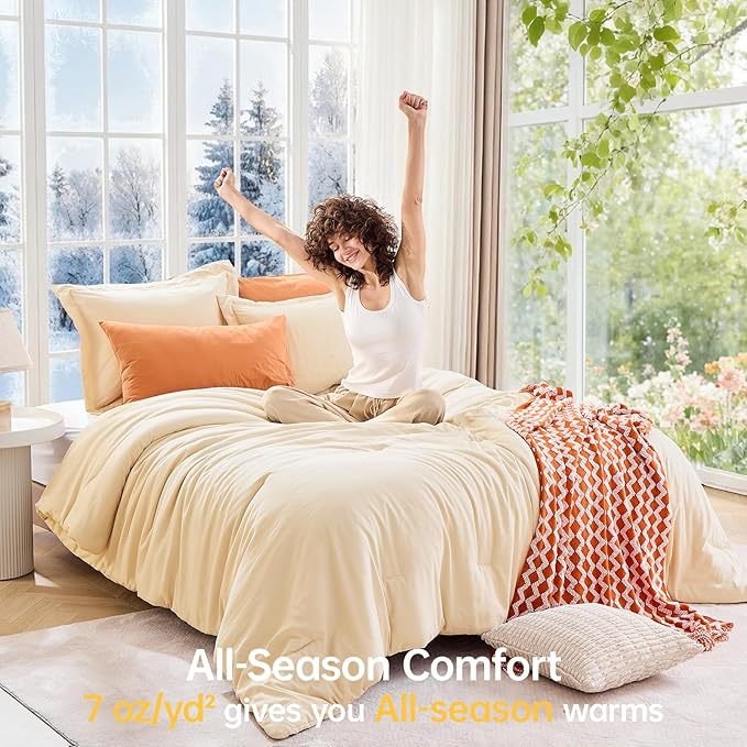 MUXHOMO Queen Comforter Set, All Season Ultra Soft Down Alternative Bedding - 3 Piece Lightweight Bed Set Includes 1 Comforter (90"x90") and 2 Pillow Shams (20"x26"), Light Yellow