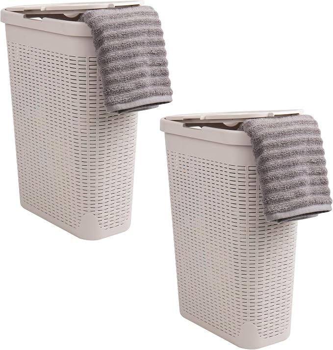 Mind Reader Slim Laundry Hamper with Lid, 40L Clothes Basket, Narrow Tapered Design with Ventilated Cutout Pattern, Plastic, Set of 2, Ivory by MindReader