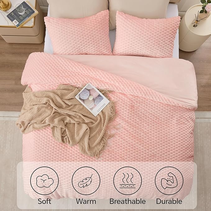 Fluffy King Comforter Set - Luxury Fuzzy Brushed Plaid Pattern Bedding Comforter Sets, Fluffy Velvet Comfort Set Pink, 3 Pieces, Soft Winter Comforter King