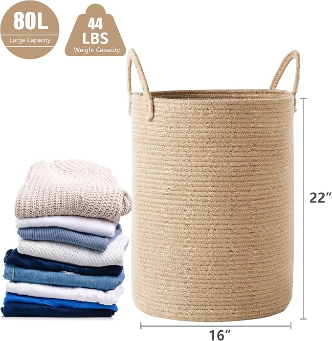 80L Extra Large Jute Laundry Hamper Tall Woven Laudnry Basket Wicker Rope Clothes Hamper Boho Blanket Basket in Living Room Bedroom 16"D x 22"H - Image 3