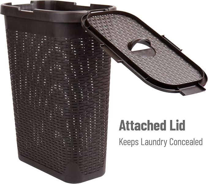 Mind Reader Slim Laundry Hamper with Lid, 40L Clothes Basket, Narrow Tapered Design with Ventilated Cutout Pattern, Plastic, Brown - Image 5