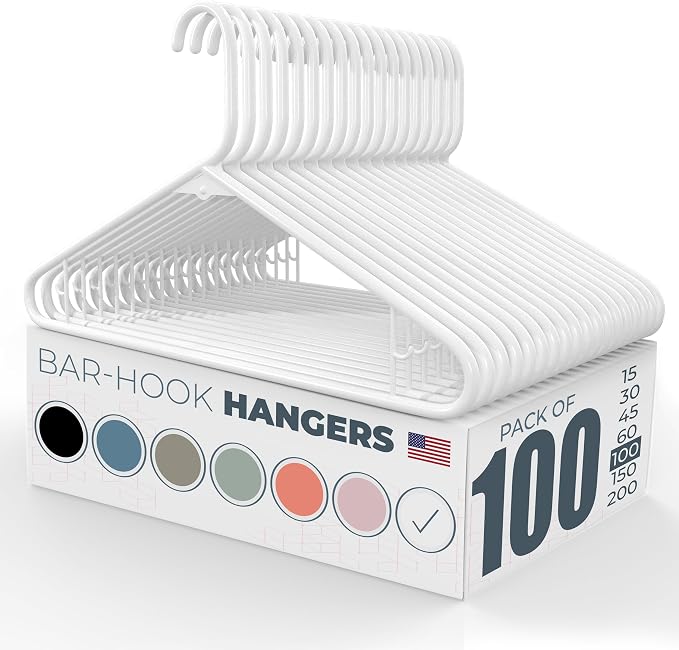 Neaties Plastic Hangers 100 Pack – Made in the USA – 6lb Capacity Standard Clothes Hangers with Strap Hooks for Dresses, Lingerie, Shirts, Pants, and Jackets – White by NeatiesHangers