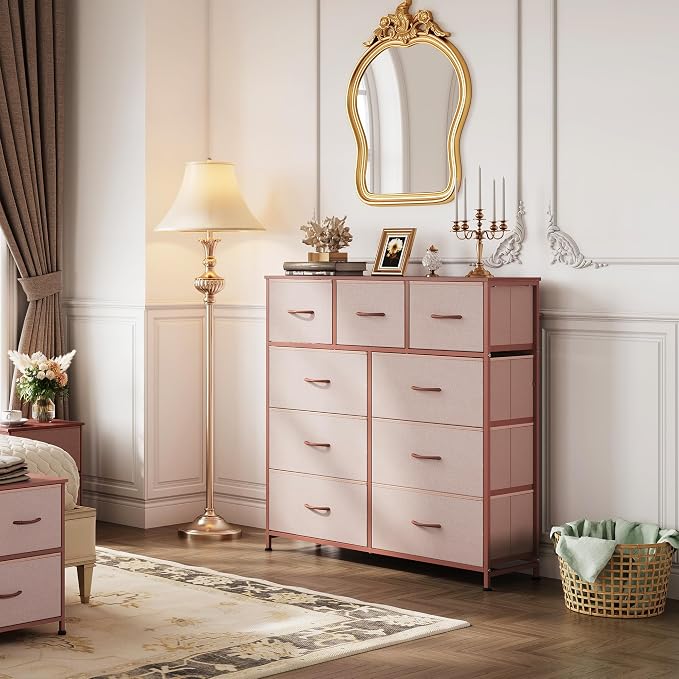 WLIVE 9-Drawer Dresser, Fabric Storage Tower for Bedroom, Hallway, Entryway, Closet, Tall Chest Organizer Unit with Fabric Bins, Steel Frame, Wood Top, Easy Pull Handle, Pink - Image 4