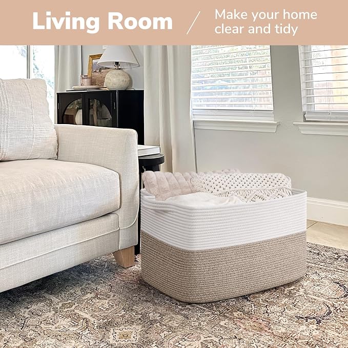 Goodpick Large Blanket Basket 22" x 17" x 12" Woven Storage Baskets for Organizing, Rectangle Cotton Rope Basket for Living Room Bedroom, Toy Baskets Storage Kids, White & Brown - Image 2