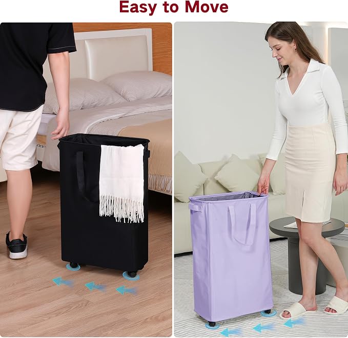 efluky Slim Laundry Hamper with Wheels, Rolling Laundry Basket for Clothes, Small Laundry Basket for Bedroom, Dorm and Laundry Room, 60L (12.7 Gallons) Purple - Image 4