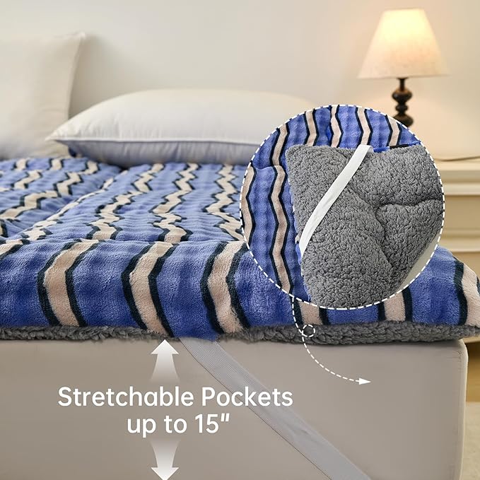 Twin Mattress Pad 39 x 75 inches, Warm Thicken Velvet Mattress Topper Twin Protector with 4 Elastic Band, Suitable for Mattresses up to 15 inches Thick Washable, Blue W Stripes