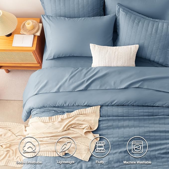 CozyLux Queen Comforter Set Grayish Blue Seersucker 7 Pieces Bed in a Bag Queen Comforter Set with Sheets, Dusty Blue Luxury Bedding Sets with Down Alternative Comforter, Sheets, Pillowcases & Shams