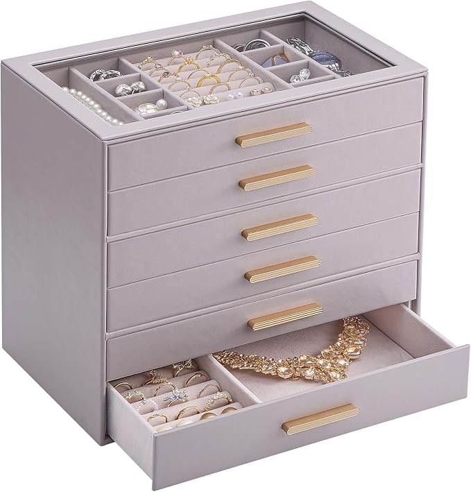 Lolalet Jewelry Box Organizer, 6-Layer Jewelry Organizers and Storage Case with Glass Lid, Ring Earring Bracelet Necklace Holder Organizer, Birthday Valentine Gifts for Women Girls -6Layer, HazePurple by Lolalet