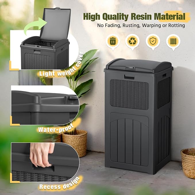 Devoko 33 Gallon Outdoor Trash Can, Hideaway Garbage Bins with Tiered Lid, Waterproof Resin Outside Waste Bins for Patio, Outside Pool, Backyard and Deck (1, Gray) - Image 2