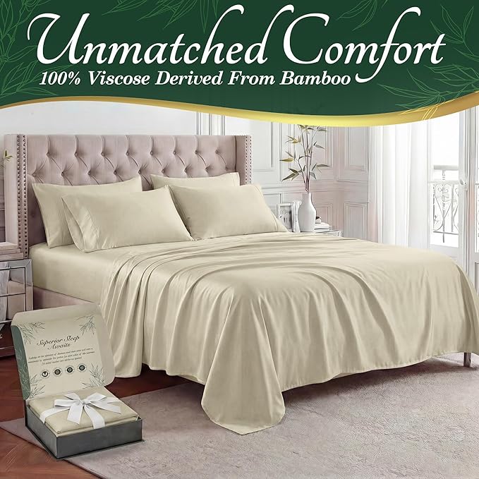 DECOLURE 100% Viscose Derived from Bamboo Sheets Twin Size - Luxury 4 Pc Naturally Cooling Sheets, Ultra Soft Bed Set - Deep 17" Pockets, Durable Double Stitching, Oeko Tex Standard (Creme)