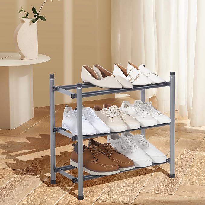 STORAGE MANIAC Expandable Shoe Rack, 12 Pairs Stackable Small Shoe Rack, Metal Adjustable Shoes Organizer for Closet, Entryway, Hallway, Garage, Front Door, Shoes Shelves, Black 3 Tier - Image 7