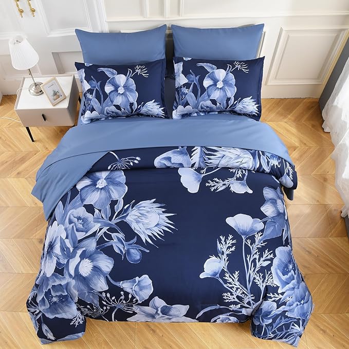 Luxudecor Floral Comforter Set Queen Size 7 Piece, Navy Blue Flower Bed in a Bag, Elegant Floral Comforter with Sheet Set, Soft Microfiber Bedding Set for All Season (Navy Blue, 90"x90")
