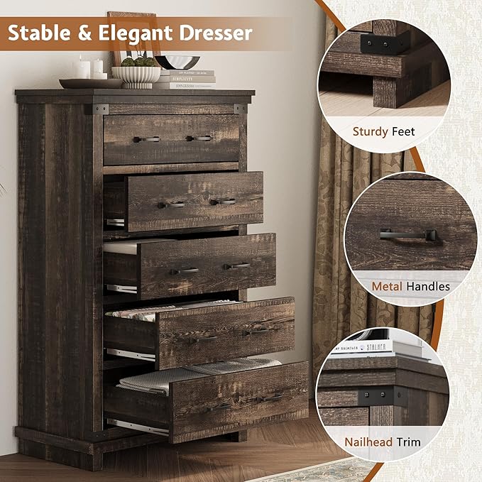 AMERLIFE 5 Pieces Farmhouse Bedroom Set, Includes Rustic King Bed Frame with 54" Tall Headboard, 6 Drawer Dresser, 5 Drawer Tall Chest, Nightstands Set of 2 with Charging Station, Black Oak