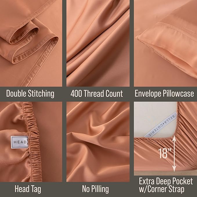 Bella Coterie Luxury Bamboo Viscose Queen Size Sheet Set | 100% Organically Grown | Ultra Soft | Cooling for Hot Sleepers | 18" Deep Pocket [Terracotta]