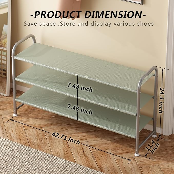 INGIORDAR Shoe Rack 3 Tier Long Storage Organizer Wide Metal Shoe Shelf for Closet Entryway Grey - Image 3