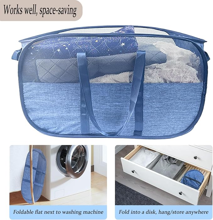 Extra Large Mesh Pop Up Laundry Hamper, 100L Collapsible Laundry Basket, Dirty Clothes Hamper with Reinforced Handles, Storage Bins for Shelves, Dorm or Home Portable Stair Laundry Basket. Blue - Image 5