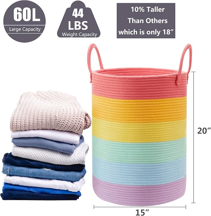 Rainbow 15"Dx20"H Baby Girls Kids Laundry Hamper Basket for Nursery Toddler Clothes Blanket Toy Storage Woven Rope Unicorn Hamper in Playroom Bedroom 60L Large - Image 3