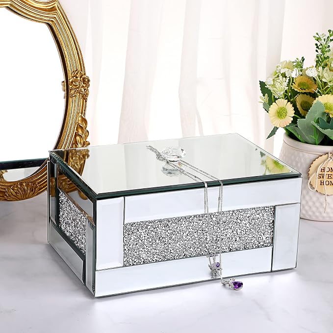 Hipiwe Glass Mirrored Jewelry Box with Crushed Diamond Decor, Trinket Organizer Box Luxury Rings Earrings Necklace Storage Keepsake Box Treasure Chest Case, Silver Large Size - Image 5