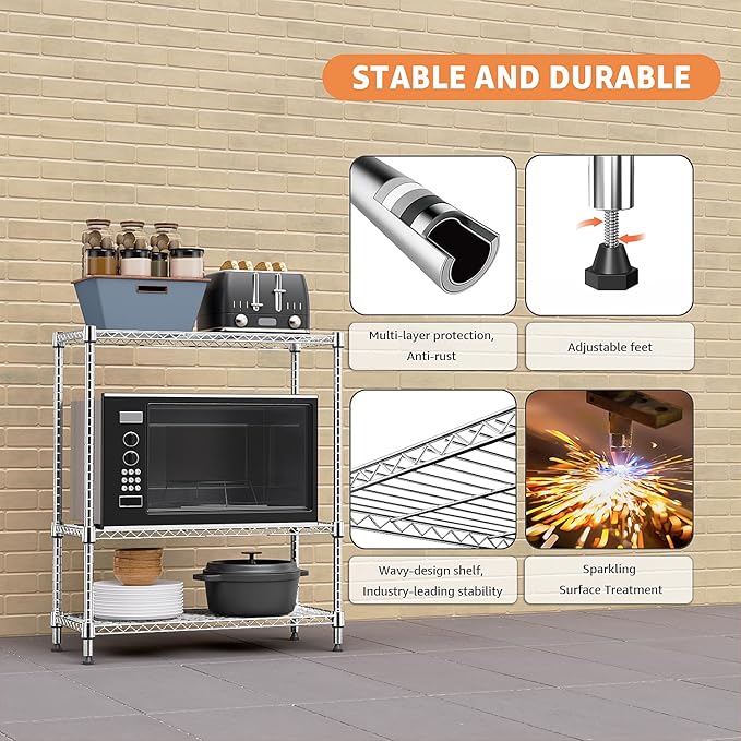 M MZG 750 lbs 3 Tier Storage Rack Metal Wire Shelving Unit, Storage Standing Shelf Organizer for Laundry Bathroom Kitchen Pantry Closet Garage Basement Utility Room, Chrome 13.8" D x 29.5" W x 35.5" H - Image 6