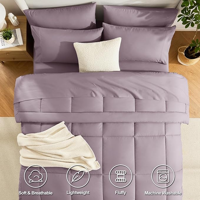 CozyLux Queen Comforter Set Dusty Purple, 7 Pieces Bed in a Bag, Grayish Purple Comforters Queen Size, Bedding Set with All Season Quilted Comforter, Flat Sheet, Fitted Sheet, Pillowcases
