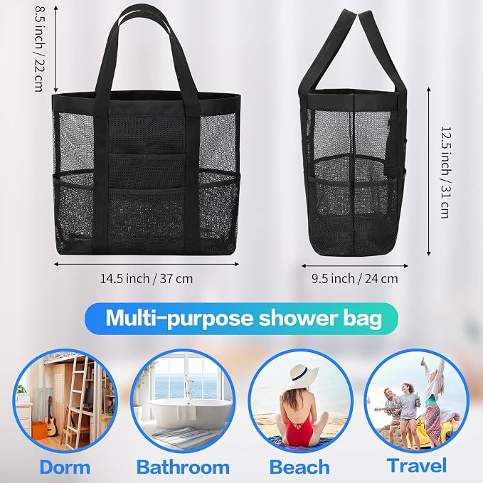 HAOGUAGUA Large Mesh Bathroom Shower Caddy, Mesh Beach Pool Bag, Portable Toiletry Tote Bag for College Dorm Bathroom Gym Swimming (Black) - Image 2