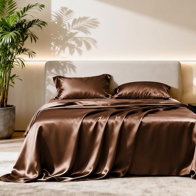 Love's cabin 4Piece California King Satin Bed Linen Set, Brown Silky Satin Sheets, Deep Pocket, Luxury Silk Feel, 1 Flat, 1 Fitted Sheet, 2 Pillow Cases