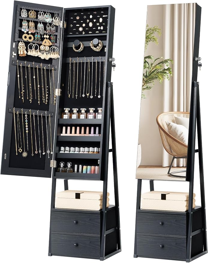 Nicetree Mirror Jewelry Cabinet Standing, Lockable Jewelry Cabinet Armoire with 2 Drawers, Full Length Mirror with Jewelry Storage, Christmas Gifts, Black by Nicetree