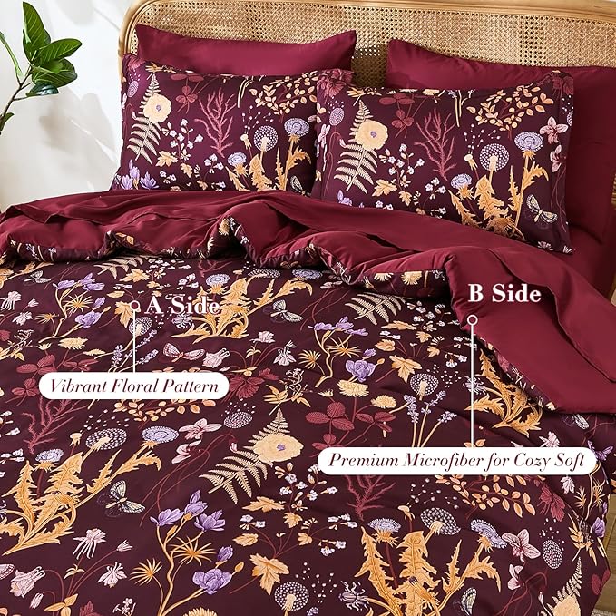 Yiran King Size Comforter Set 7 Piece, Burgundy Floral Bedding Set, Lightweight Bed in a Bag King with Botanical Flowers Spring, Soft Warm Dark Red Comforters with Sheets Complete for All Season