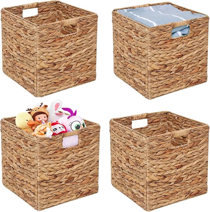 11x11in Storage Baskets 4 Pcs Square Baskets for Cube Shelf,Foldable Handwoven Water Hyacinth Storage Bins for Laundry Organizer by JGJCYO9
