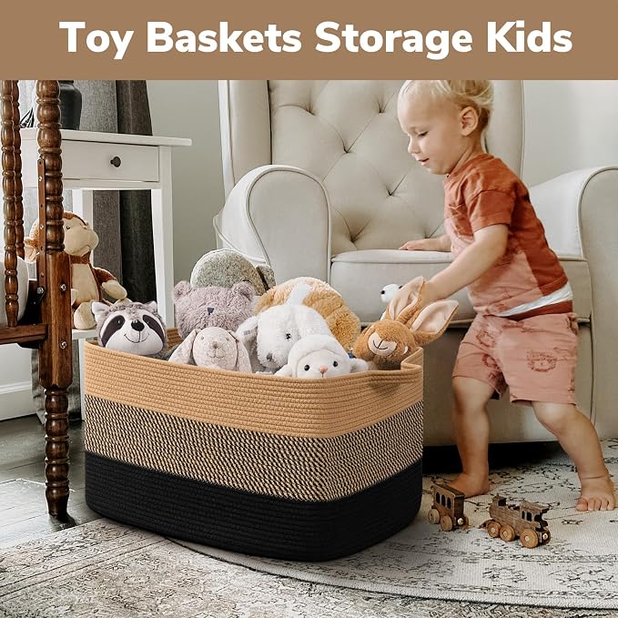 Goodpick Large Blanket Basket 22" x 17" x 12" Wicker Laundry Baskets for Organizing, Decorative Woven Rope Basket for Living Room Bedroom, Rectangle Toy Storage Baskets for Kids - Image 4
