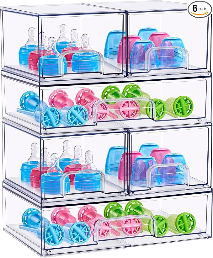 Sorbus Stackable Acrylic Storage Drawers – 4 Small + 2 Wide – 6 Pack Clear Plastic Organizer Bins for Baby Bottles, Makeup, Bathroom & Vanity, Pull-Out Drawer Design for Kitchen Cabinets by Sorbus