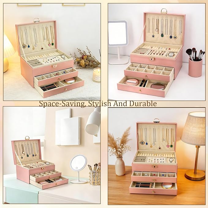 SRTCYDA Jewelry Box for Women, Large PU Leather jewelry organizers and storage, 3-Layer Jewelry Storage with 2 Drawers, Space-Saving Design for Vanity, Holds All Types of Jewelry (Pink) - Image 5