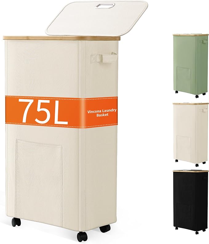 Laundry Basket with Wheels, Dirty Clothes Hamper on Wheels, Rolling Tall Laundry Hamper with lid for Laundry Room, Dorm and Bathroom, 75L Beige by Vincona