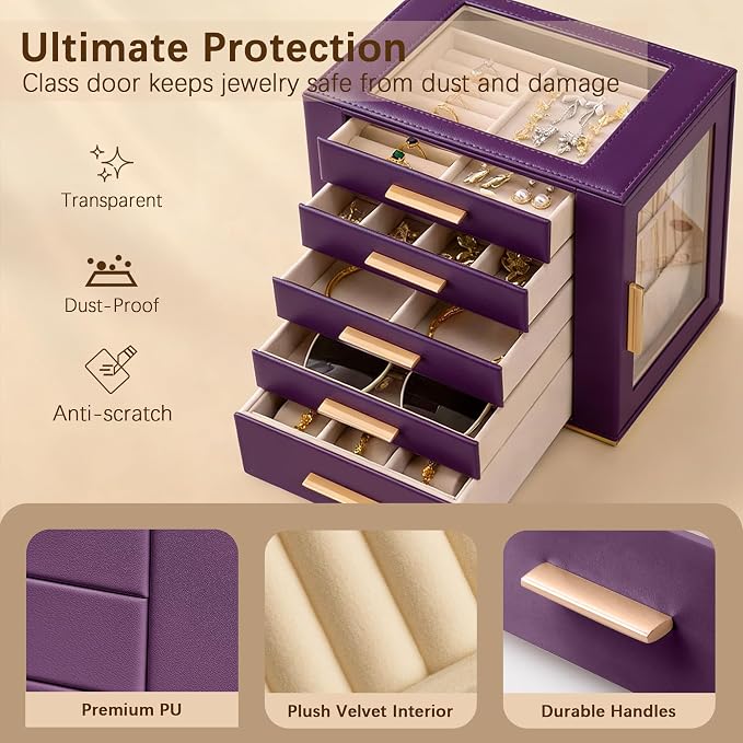 Homeanda Jewelry Box for Women with Glass Lid, 5 Drawers Jewelry Organizer and Storage for Necklaces, Rings, Earrings, Bracelets, Gift for Girls and Teens,PU Leather (Purple) - Image 5