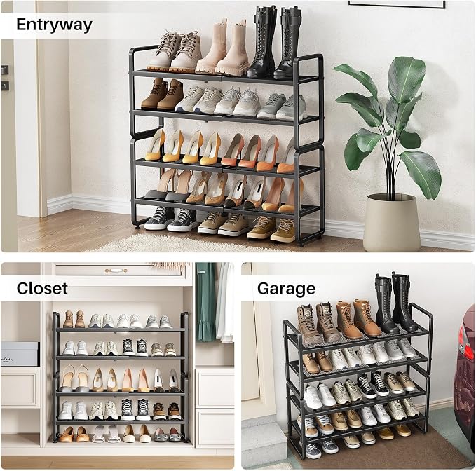 SNTD Shoe Rack - Expandable Shoe Organizer for Closet, Adjustable Metal Shoe Shelf Storage, Stackable Long Shoe Stand Holder for Garage, Entryway, Door Entrance (Black, 4-Tier) - Image 8