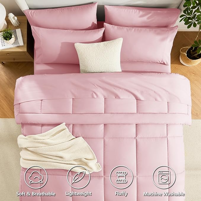 CozyLux Full Size Comforter Set Pink, 7 Pieces Bed in a Bag, Pink Comforter Full Size, All Season Bedding Sets with Stitch Quilted Comforter, Flat Sheet, Fitted Sheet, Pillowcases