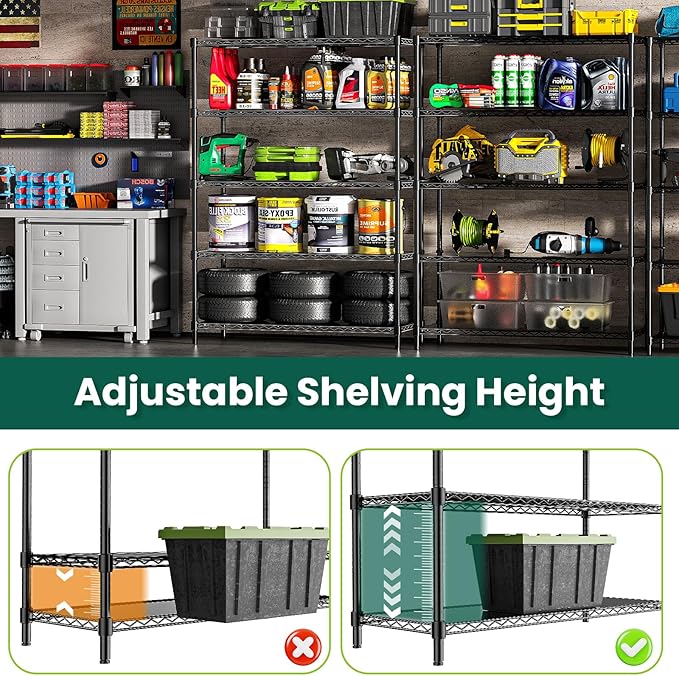 48" W Storage Shelves 1875LBS Metal Shelving, 5-Tier Adjustable Wire Shelving Unit with Liners, Heavy Duty Garage Shelving Steel Rack for Commercial Pantry, 48" W x 18" D x 72" H, Black - Image 6