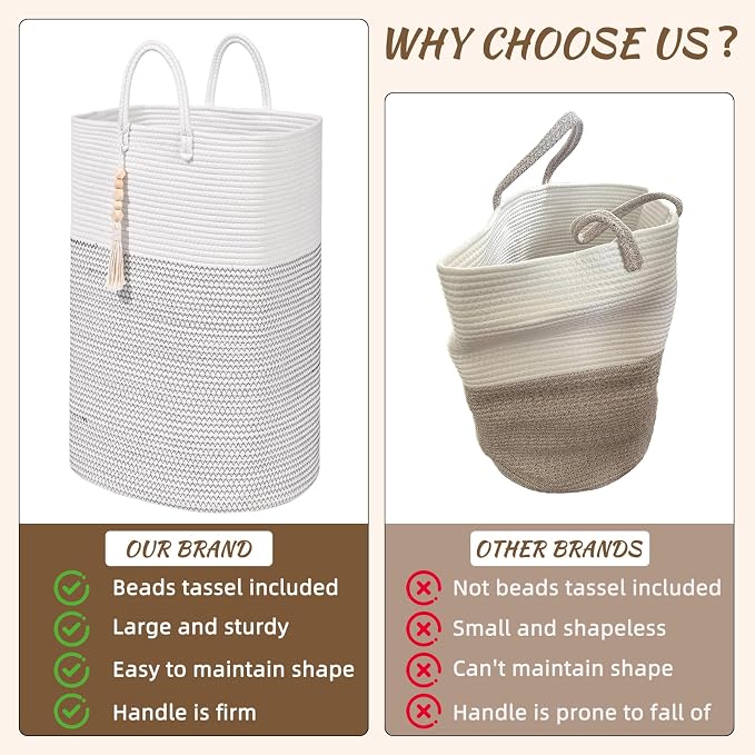 Woven Laundry Basket for Clothes, 50 L Large Rectangle Laundry Hampers with Beads Tassel, Nursery Storage Basket for Toys, Tall Dirty Clothes Hamper for Bedroom Aesthetic, Laundry Room Organization - Image 4