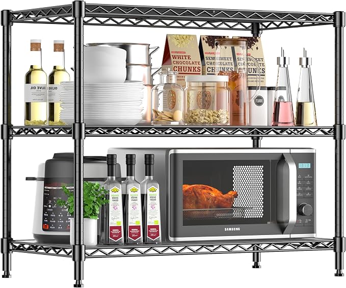 3-Tier Storage Shelves 795LBS Metal Shelving Unit, Adjustable Wire Rack Small Shelf Organizer with Shelf Liners for Kitchen Pantry Office Closet Garage 24" W x 14" D x 30.5" H Black by RackBro