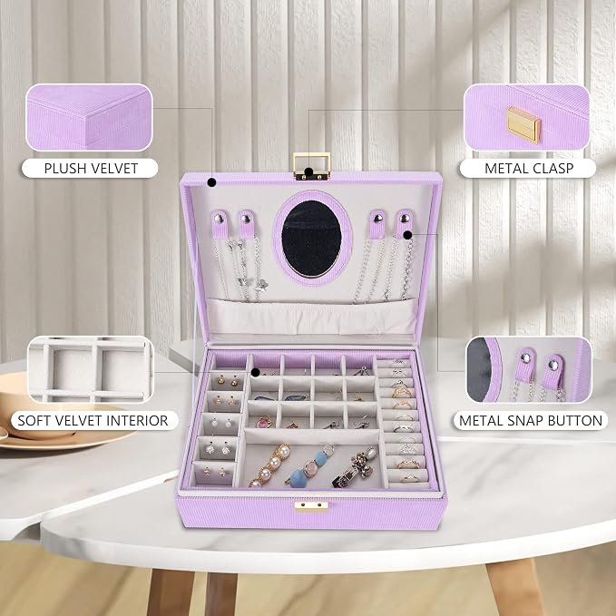 Dajasan Girl's Jewelry Box, Jewelry Organizer Box with Mirror, Velvet Jewelry Box for Little Girls Kids, Jewelry Gift Box for Christmas, Birthday, New Year (Purple) - Image 6