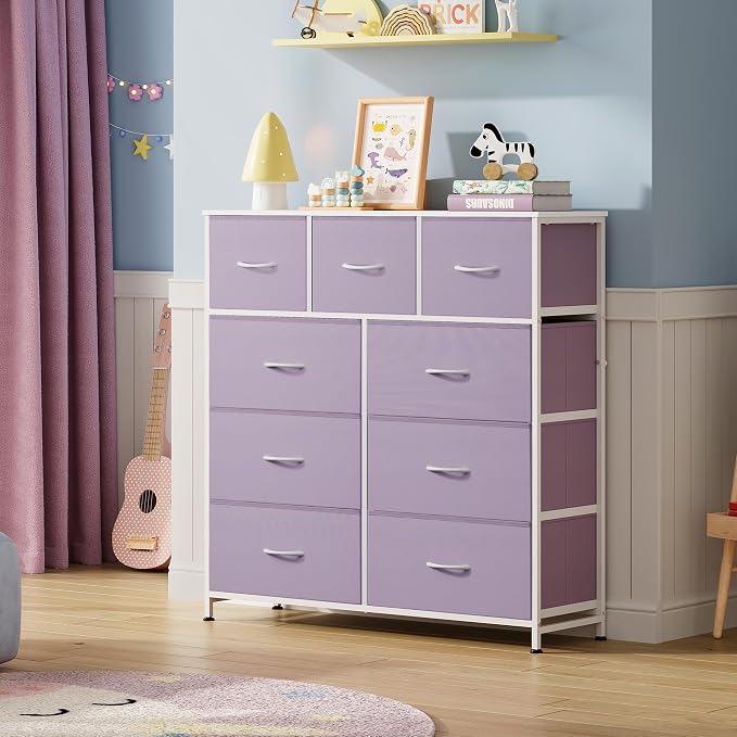 WLIVE 9 Drawer Dresser, Fabric Storage Tower for Bedroom, Hallway, Closet, Tall Chest Organizer Unit for Bedroom with Fabric Bins, Steel Frame, Wood Top, Easy Pull Handle, Purple - Image 8