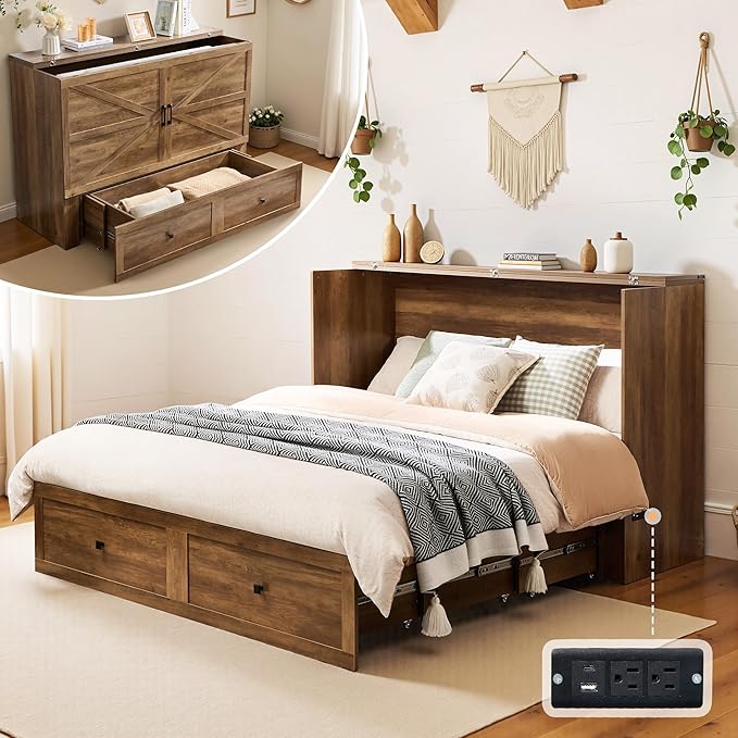LUXOAK Queen Murphy Bed with Storage and Charging Station, Farmhouse Cabinet Bed, Noise-Free, for Guest Room, Apartment, or Office, Barnwood