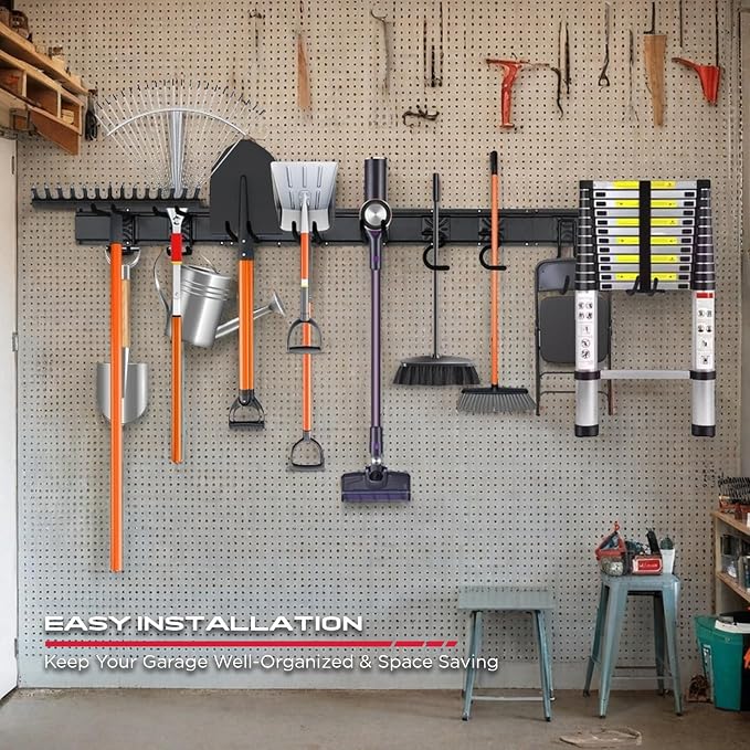 SEDY 64" Heavy Duty Garage Storage Tool Organizer Wall Mount - Tool Rack with Adjustable Hooks, Anti-Rust, 300lbs Capacity - Easy Installation (4 Racks, 10 Hooks, 3 Straps) - Image 8