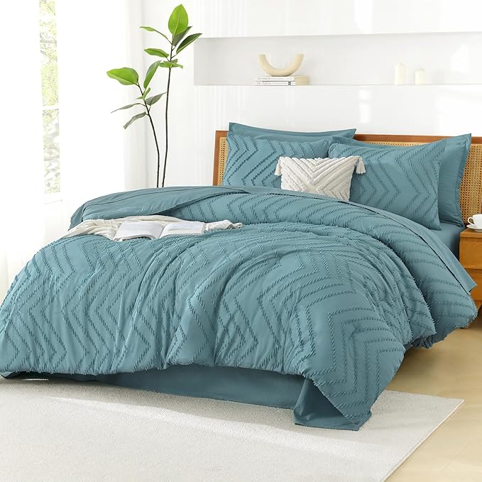 Litanika Grayish Teal Queen Size Comforter Set with Sheets - 7 Pieces Bed in a Bag Queen Boho Tufted Complete Bedding Sets with Comforter, Sheets, Pillowcases & Shams