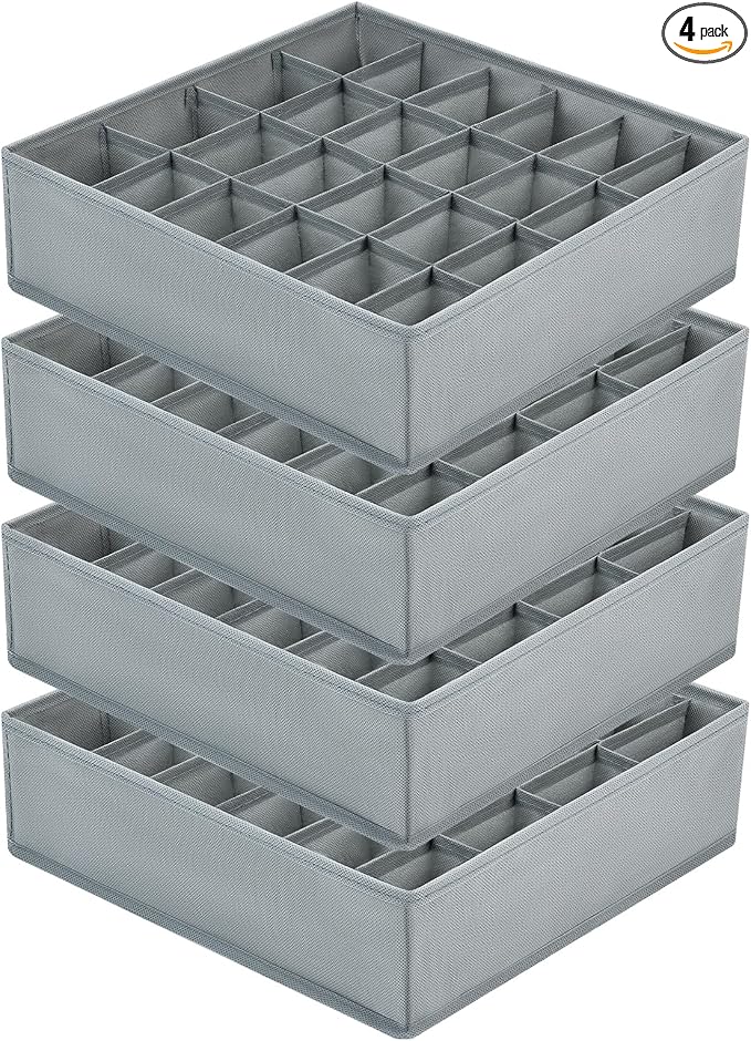 Joyoldelf Sock Drawer Organizer Divider Underwear Organizer 24-cell Fabric Dresser Drawer Organizers Storage Boxes for Socks Lingerie, Handkerchiefs, Ties 4 Pack (Grey) by APPRECIATELIFERELAXYOURSOUL