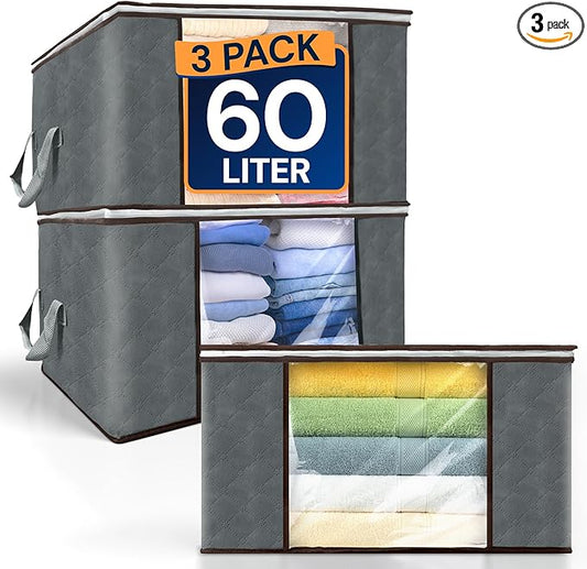 Reli. 60L Clothes Storage Bags (3 Pack) Closet Organizers and Storage Containers | Foldable Bins with Lids & Handles | Large Bags for Towels, Toys, Comforters, Blankets | Grey