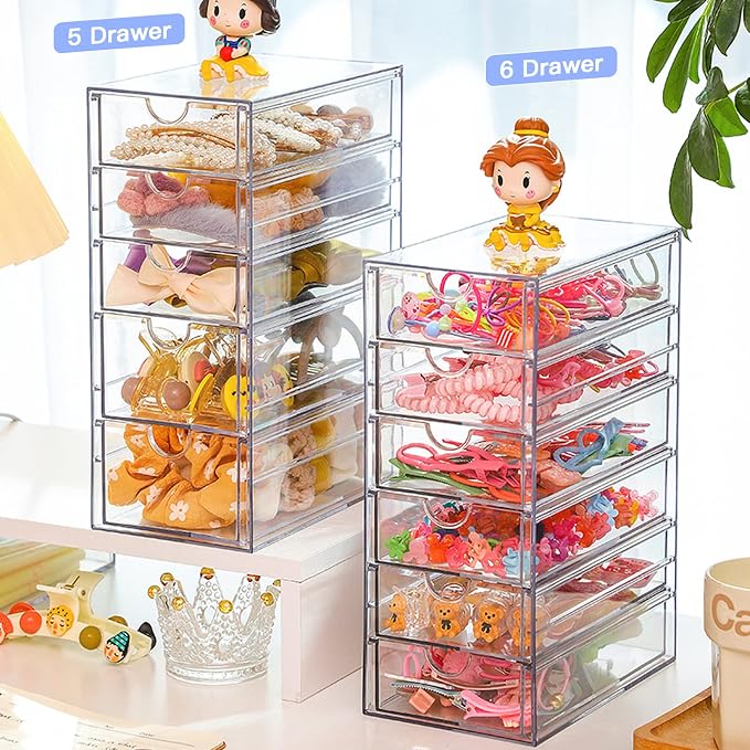 FABROK Clear Hair Accessory Organizer Box with 5 Drawers, Compact Storage Organization Drawers Set for Cosmetics, Glasses, Stationery, Stackable Storage Containers Box for Bathroom, Closet, Office - Image 7